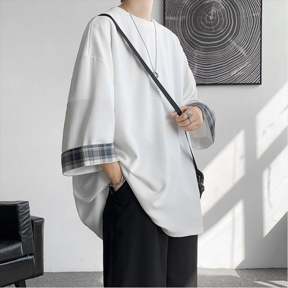 Men's Summer Plaid Patchwork Three-Quarter Sleeve T-Shirt